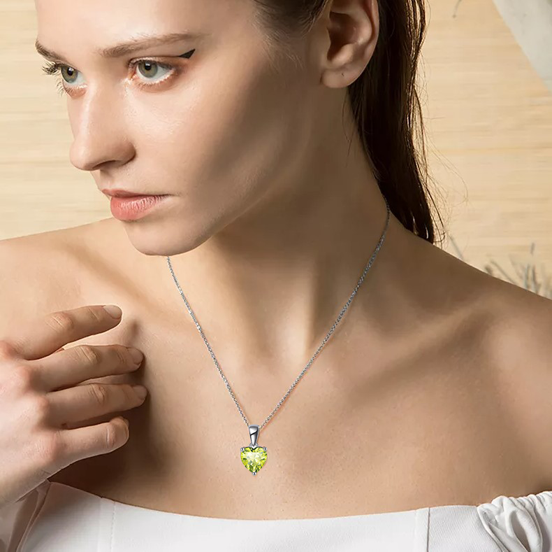 Sterling Silver Necklace with LIGHT GREEN Cubic Zirconia Heart Pendant