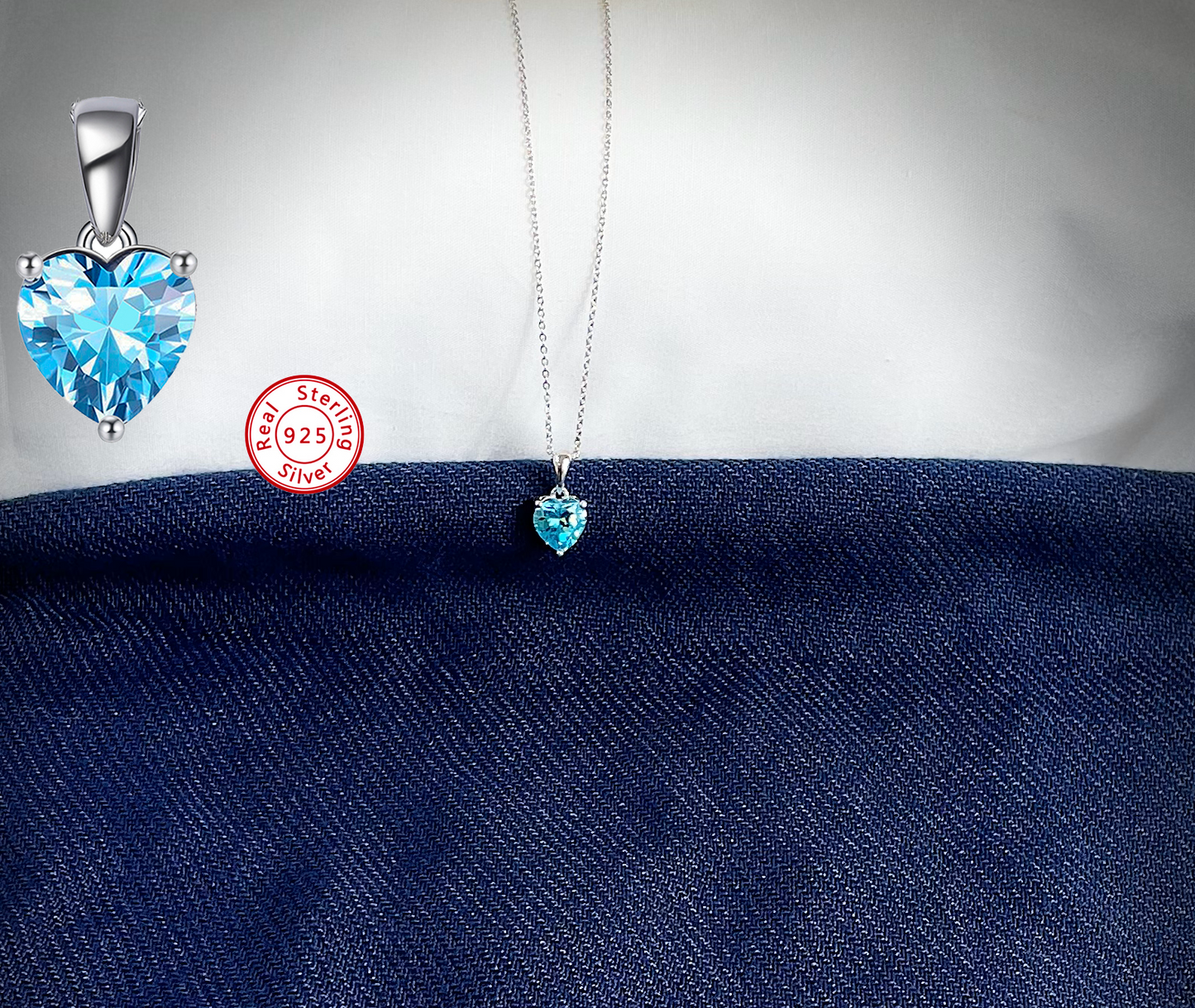 Sterling Silver Necklace with LIGHT BLUE Cubic Zirconia Heart Pendant