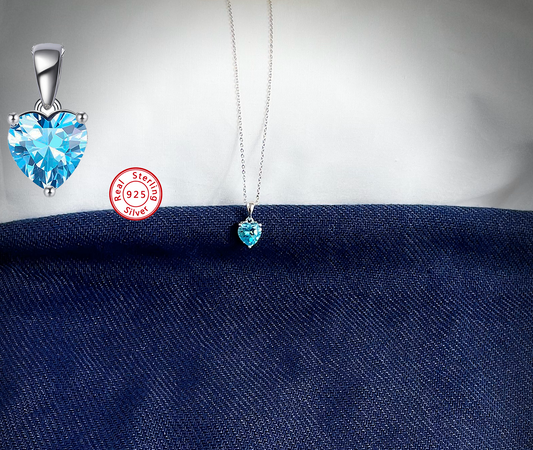 Sterling Silver Necklace with LIGHT BLUE Cubic Zirconia Heart Pendant