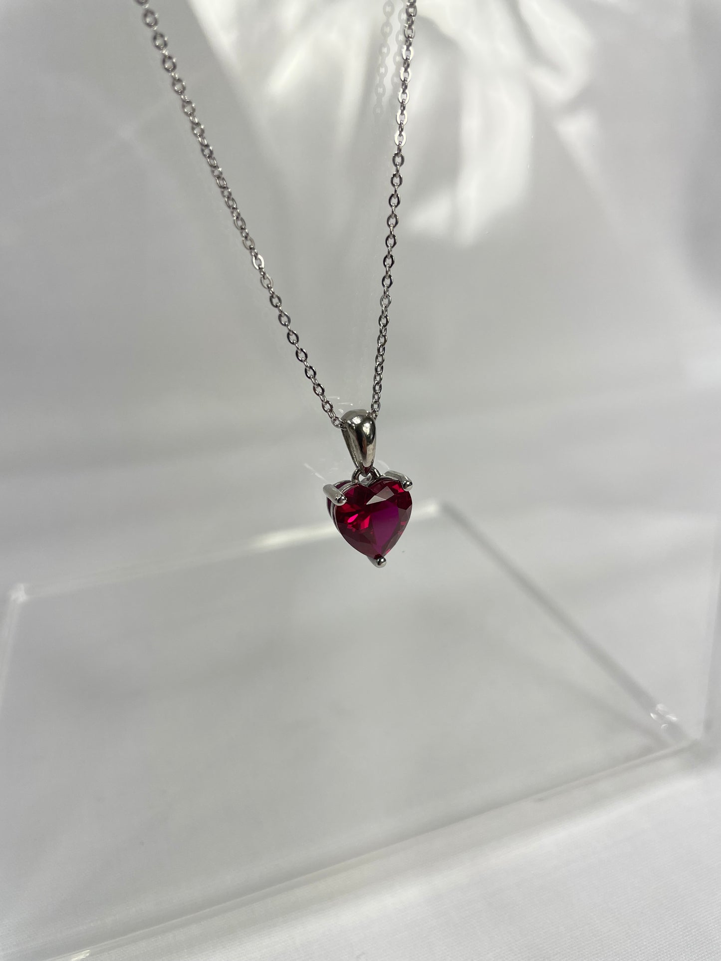 Sterling Silver Necklace with RED Cubic Zirconia Heart Pendant