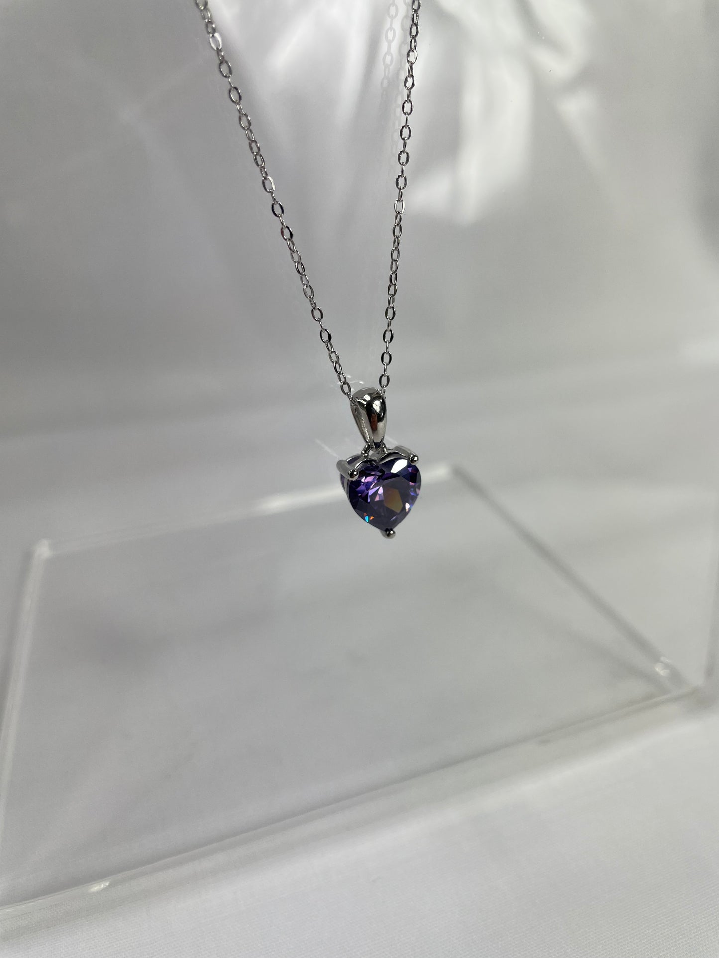 Sterling Silver Necklace with PURPLE Cubic Zirconia Heart Pendant