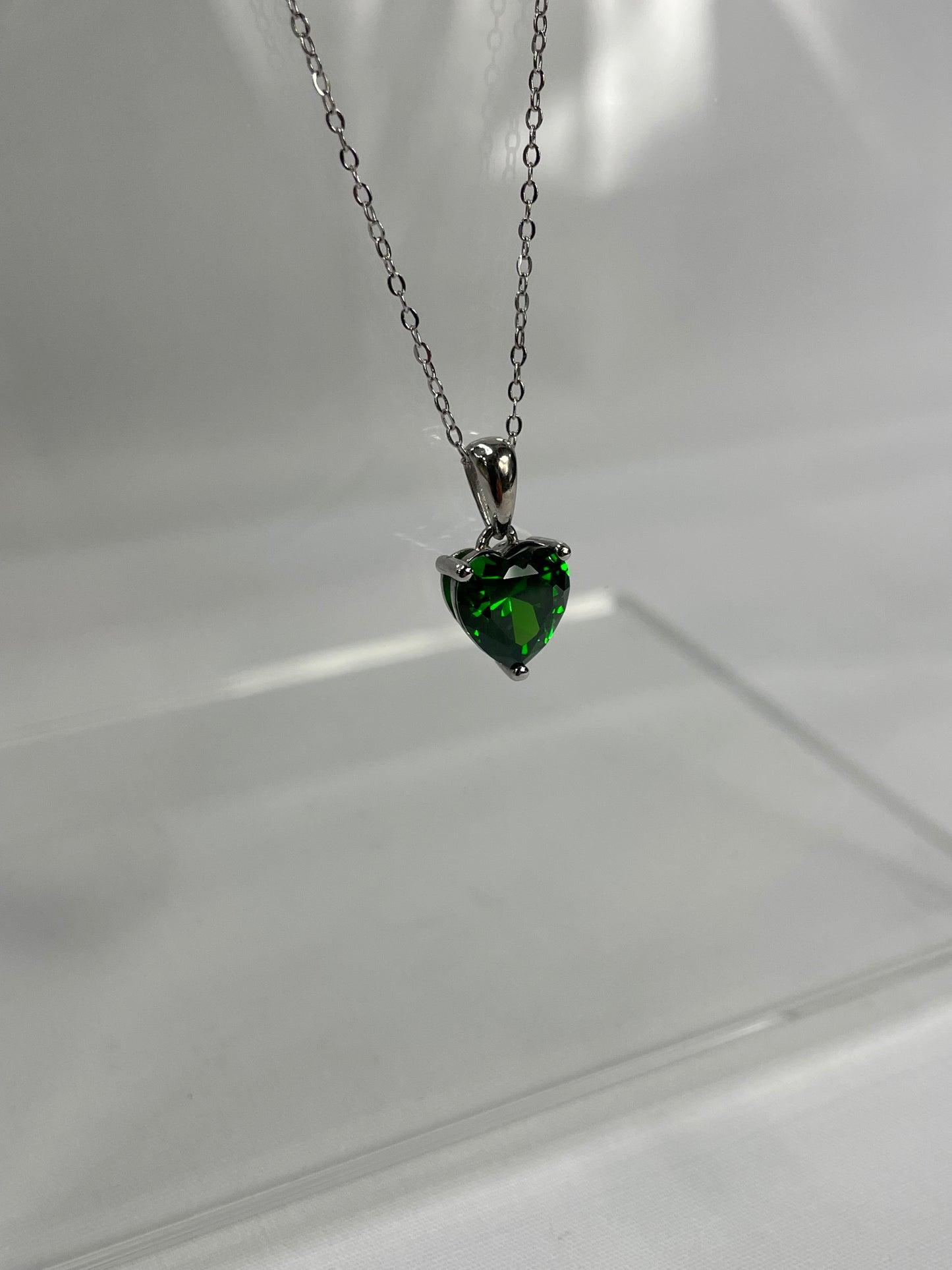 Sterling Silver Necklace with GREEN Cubic Zirconia Heart Pendant