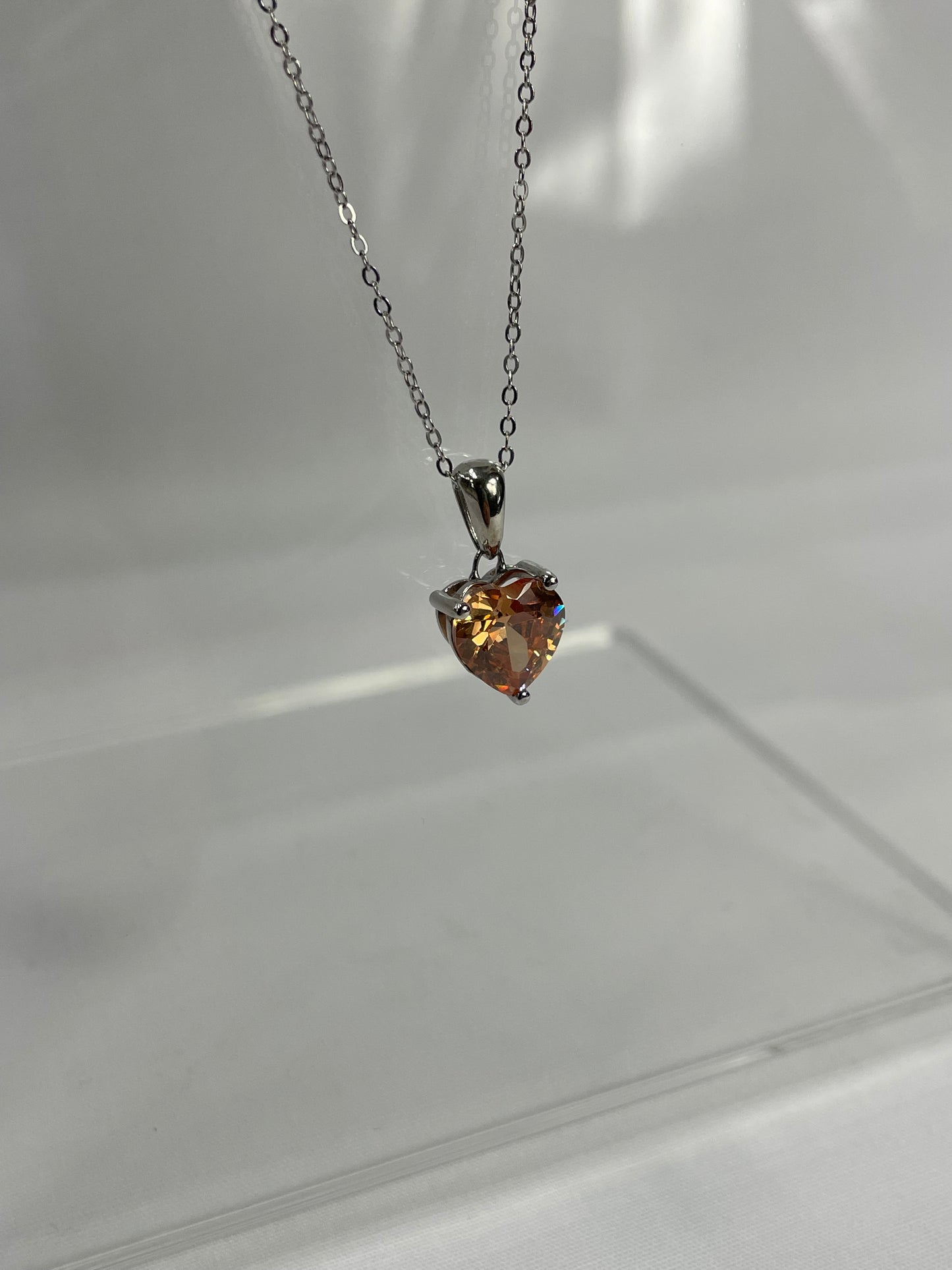 Sterling Silver Necklace with PEACH Cubic Zirconia Heart Pendant