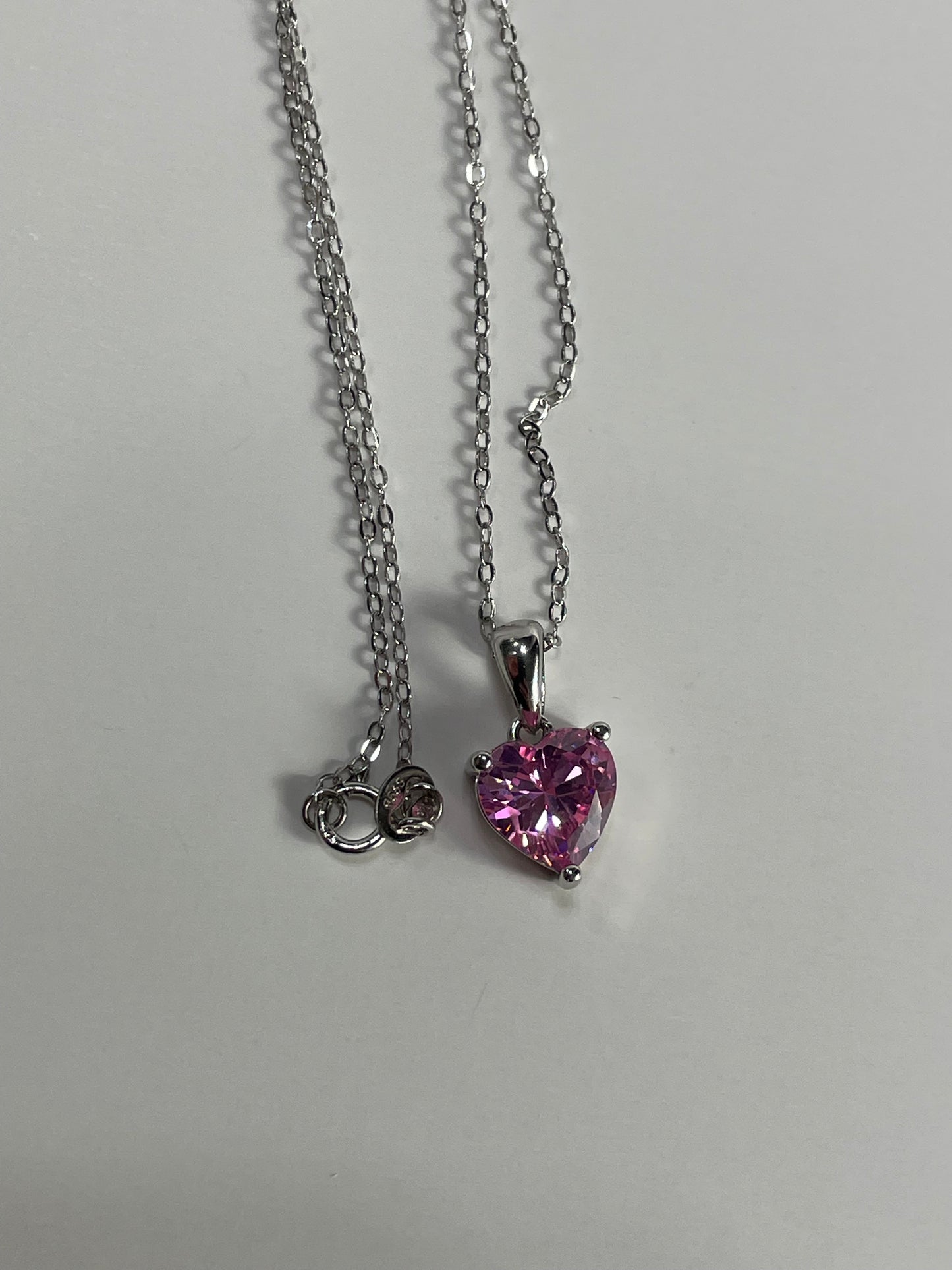 Sterling Silver Necklace with PINK Cubic Zirconia Heart Pendant