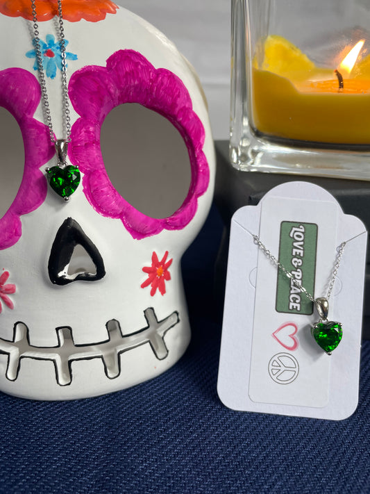 Sterling Silver Necklace with GREEN Cubic Zirconia Heart Pendant