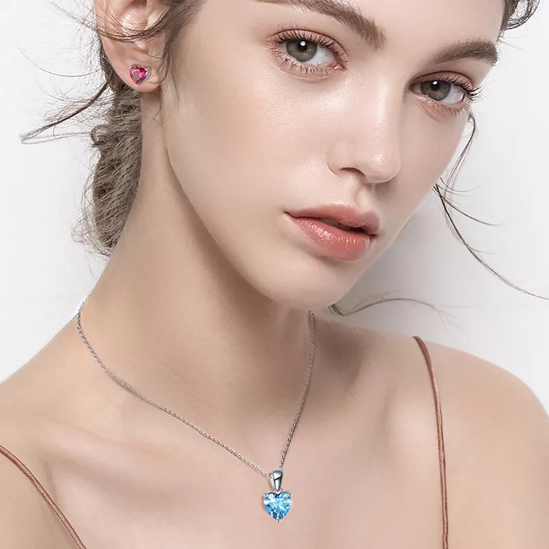 Sterling Silver Necklace with LIGHT BLUE Cubic Zirconia Heart Pendant