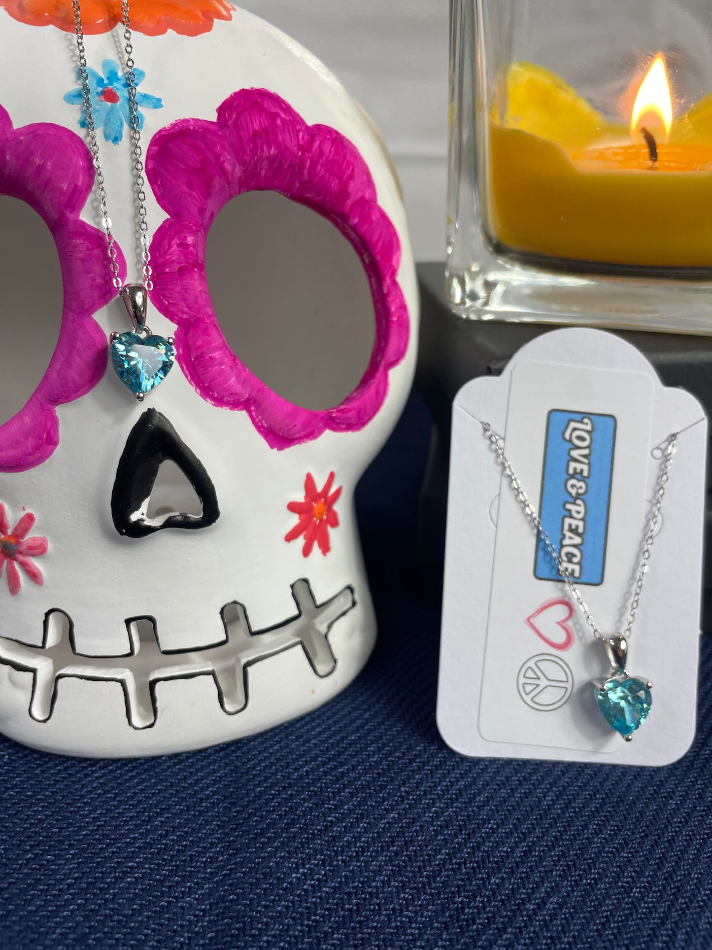 Sterling Silver Necklace with LIGHT BLUE Cubic Zirconia Heart Pendant