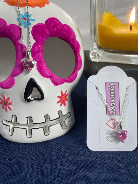 Sterling Silver Necklace with PINK Cubic Zirconia Heart Pendant